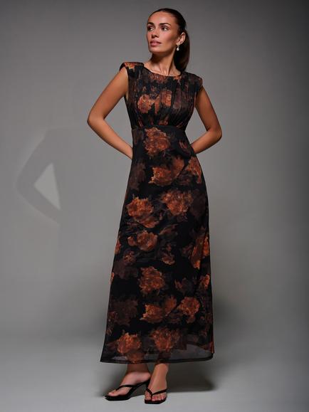 Jolie Moi Floral Fit & Flare Mesh Dress, Amber/Black, Amber/Black