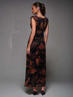 Jolie Moi Floral Fit & Flare Mesh Dress, Amber/Black - view 2, Amber/Black