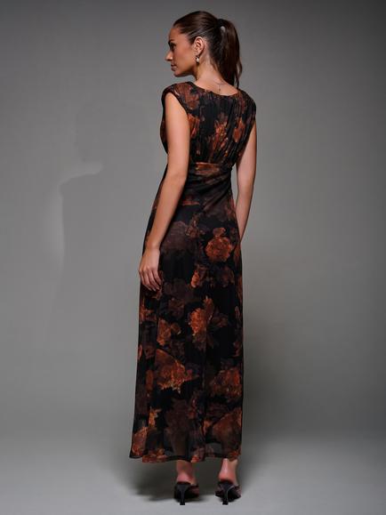 Jolie Moi Floral Fit & Flare Mesh Dress, Amber/Black - view 2, Amber/Black