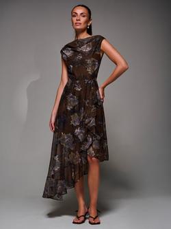 Jolie Moi Floral Drape Mesh Midaxi Dress, Brown, Brown