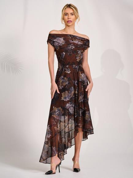 Jolie Moi Floral Drape Mesh Midaxi Dress, Brown, Brown