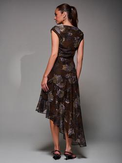 Jolie Moi Floral Drape Mesh Midaxi Dress, Brown - view 2, Brown