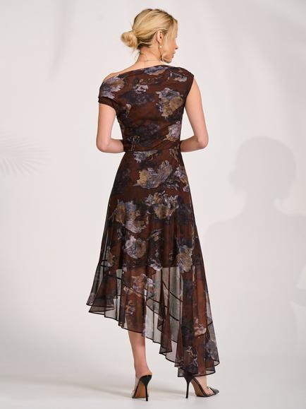 Jolie Moi Floral Drape Mesh Midaxi Dress, Brown - view 2, Brown