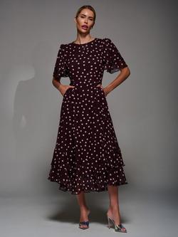 Jolie Moi Spot Frill Detail Chiffon Midaxi Dress, Burgundy, Burgundy