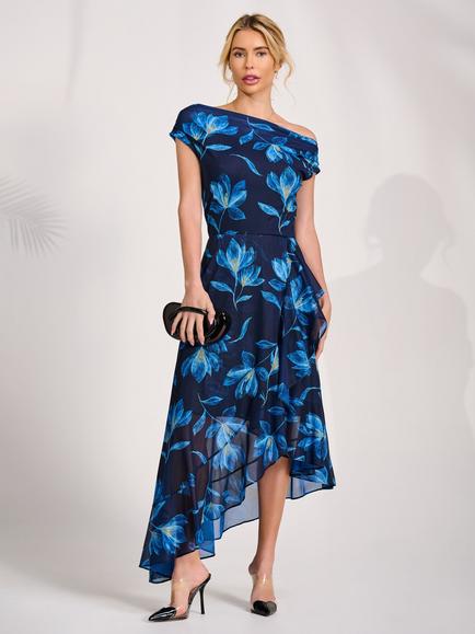 Jolie Moi Floral Mesh Drape Midaxi Dress, Blue Floral, Blue Floral
