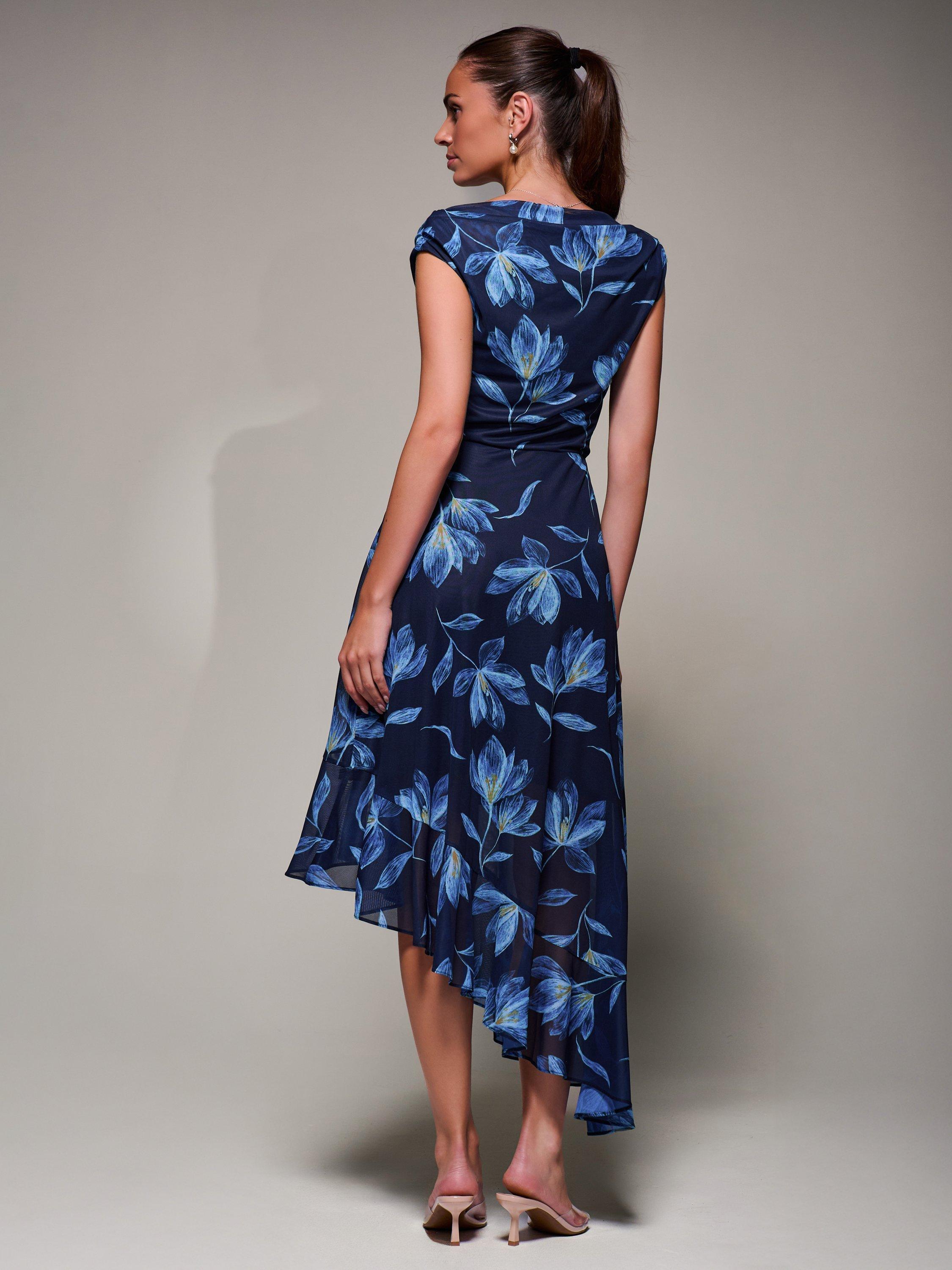 Jolie Moi Floral Mesh Drape Midaxi Dress, Blue Floral