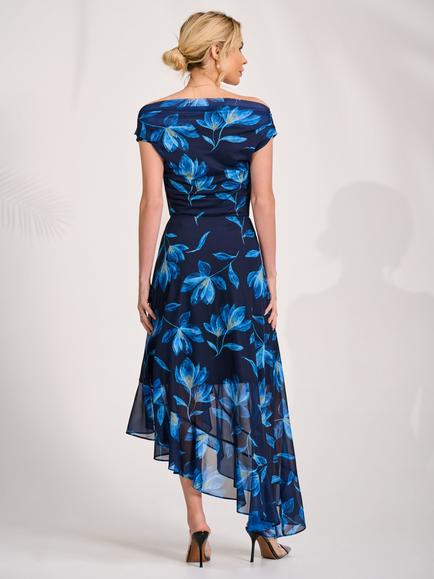 Jolie Moi Floral Mesh Drape Midaxi Dress, Blue Floral - view 2, Blue Floral