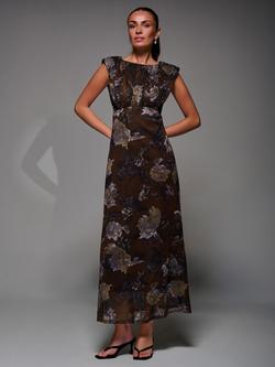 Jolie Moi Abstract Slash Neck Mesh Dress, Brown Abstract, Brown Abstract