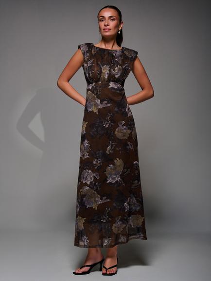 Jolie Moi Abstract Slash Neck Mesh Dress, Brown Abstract, Brown Abstract