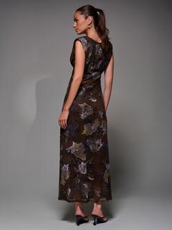 Jolie Moi Abstract Slash Neck Mesh Dress, Brown Abstract - view 2, Brown Abstract