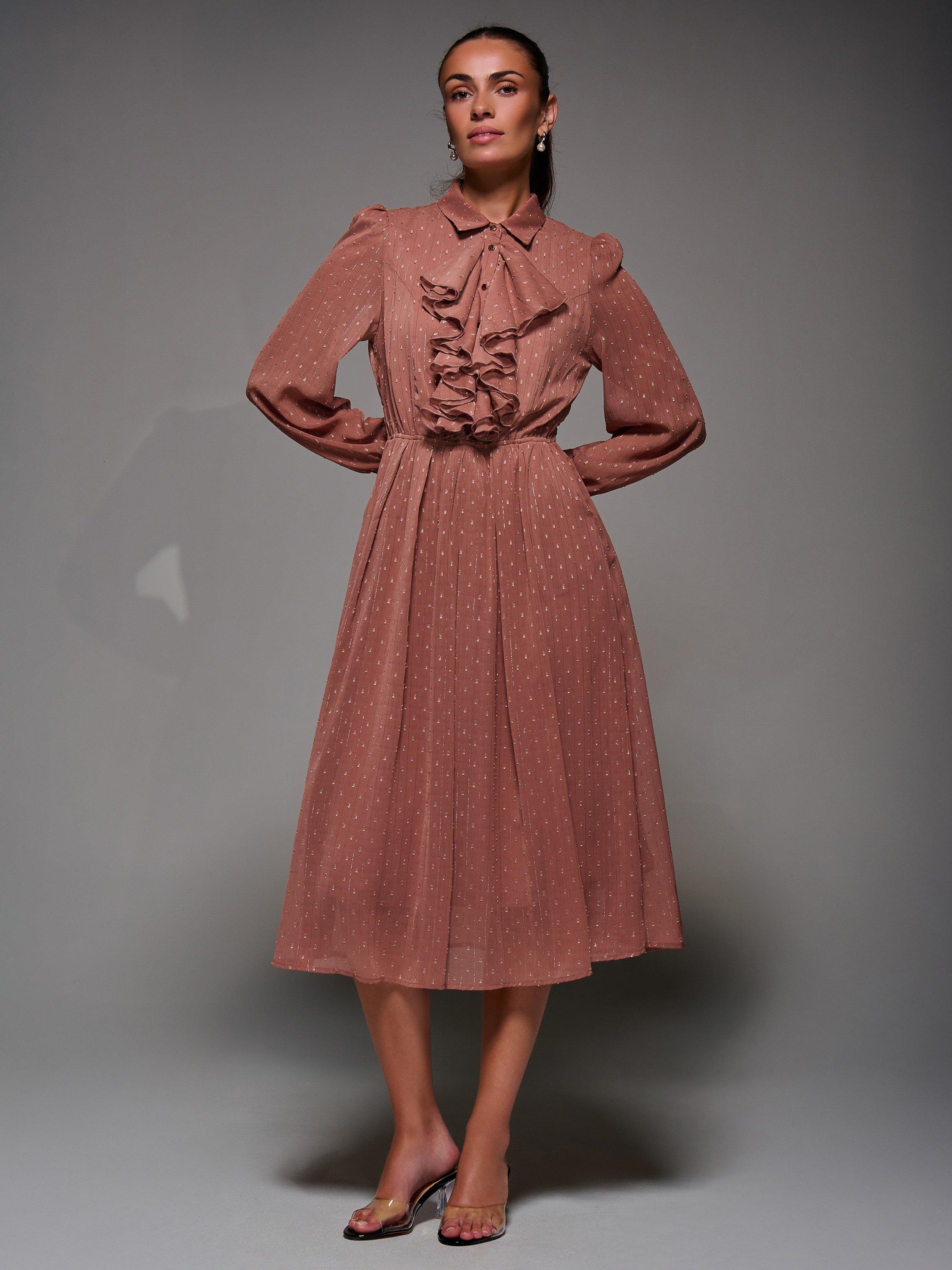 Product image 1 of 6, which shows Jolie Moi Textured Ruffle Shirt Dress , Dark Pink, 8