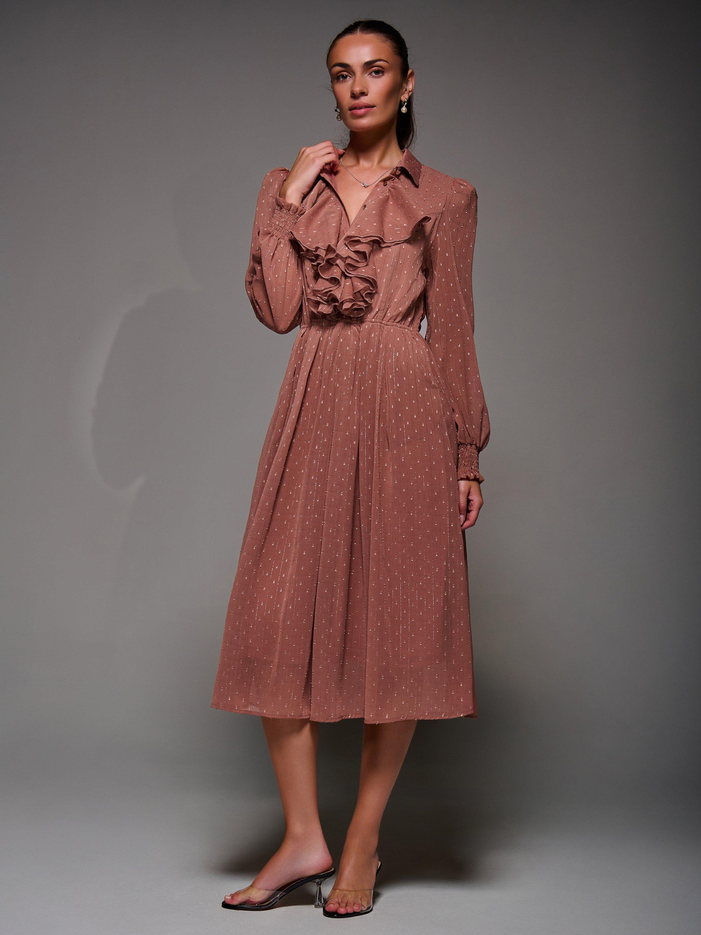 Product image 3 of 6, which shows Jolie Moi Textured Ruffle Shirt Dress , Dark Pink, 8
