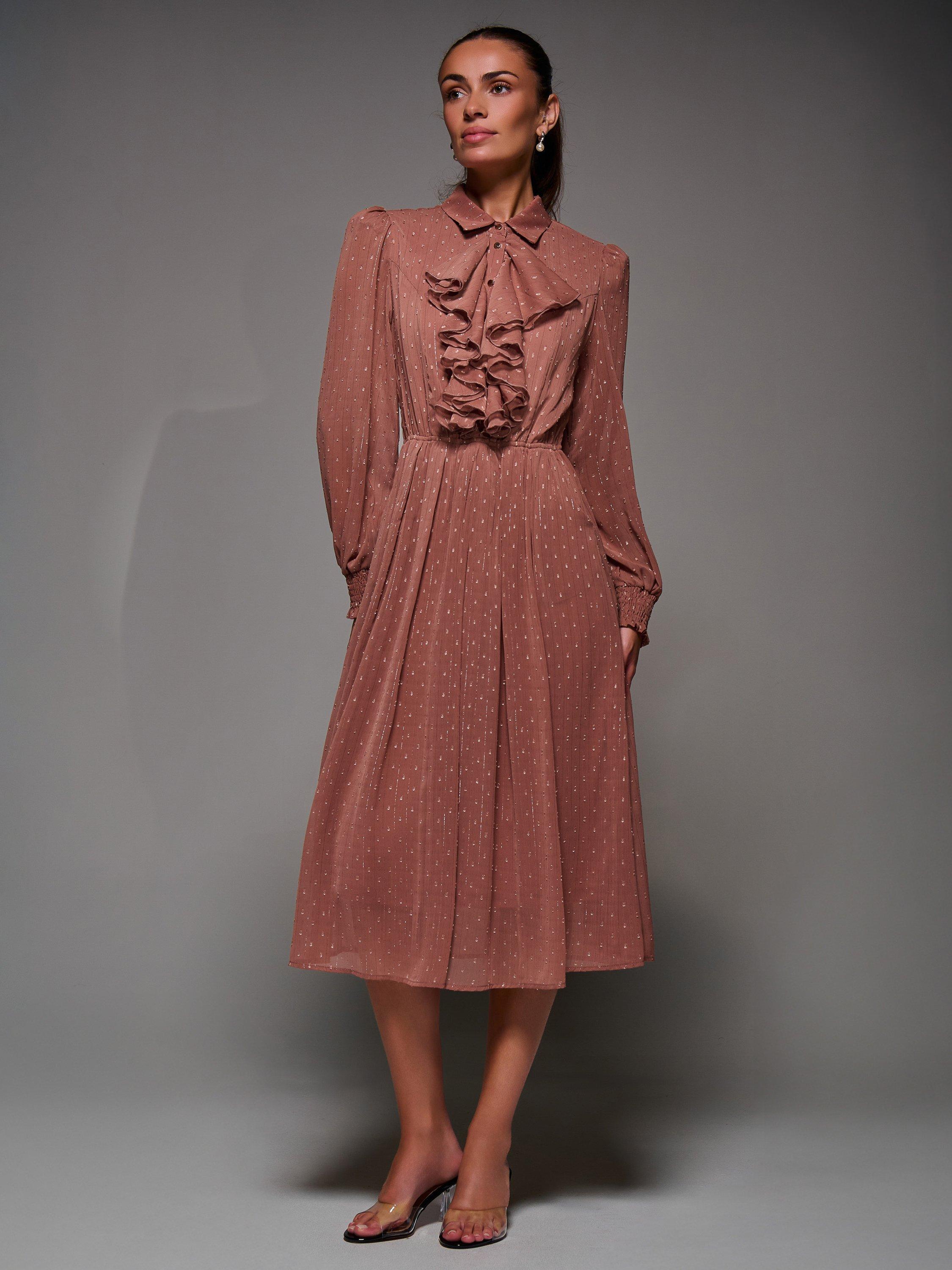 Product image 5 of 6, which shows Jolie Moi Textured Ruffle Shirt Dress , Dark Pink, 8