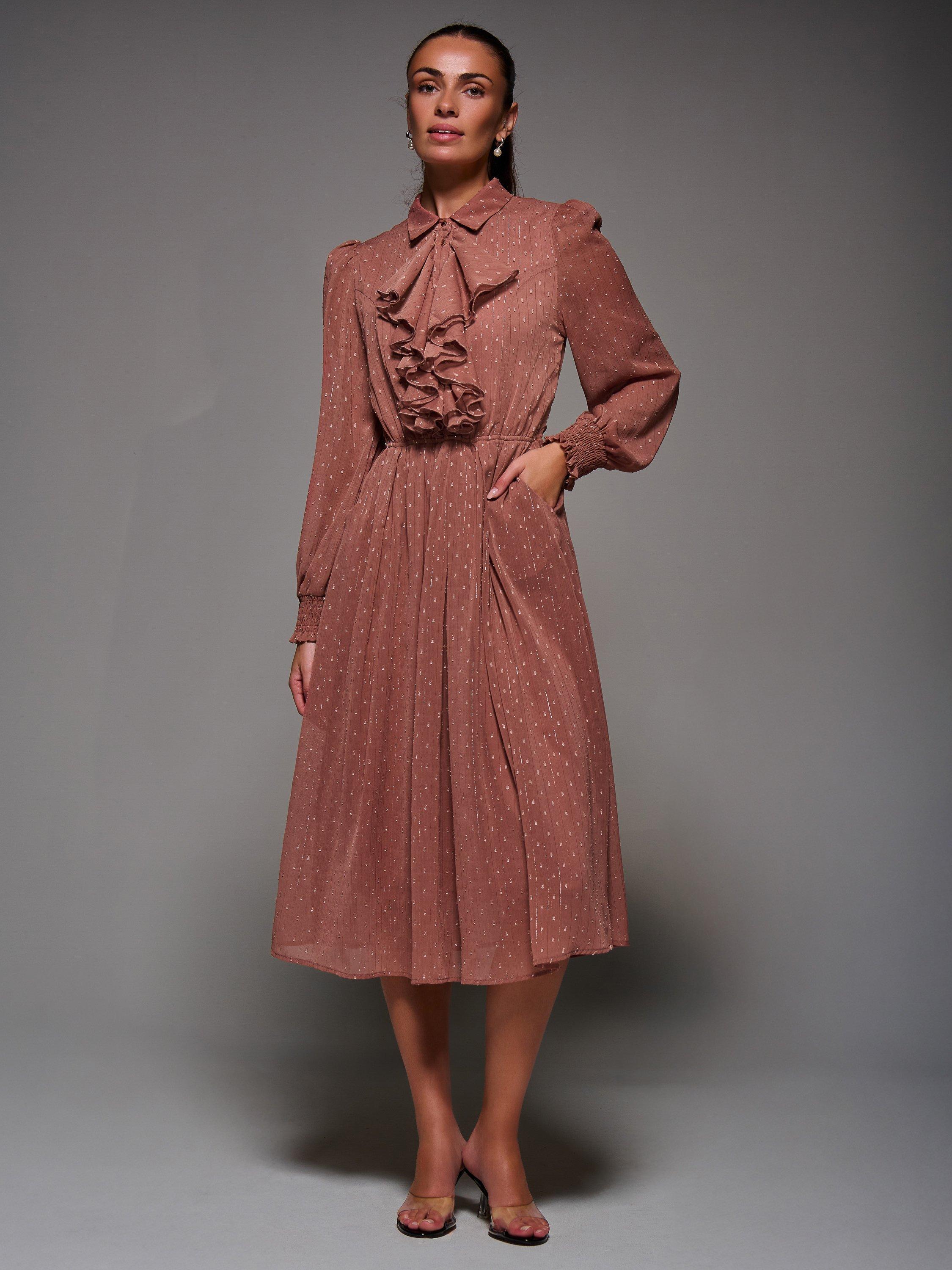 Product image 6 of 6, which shows Jolie Moi Textured Ruffle Shirt Dress , Dark Pink, 8