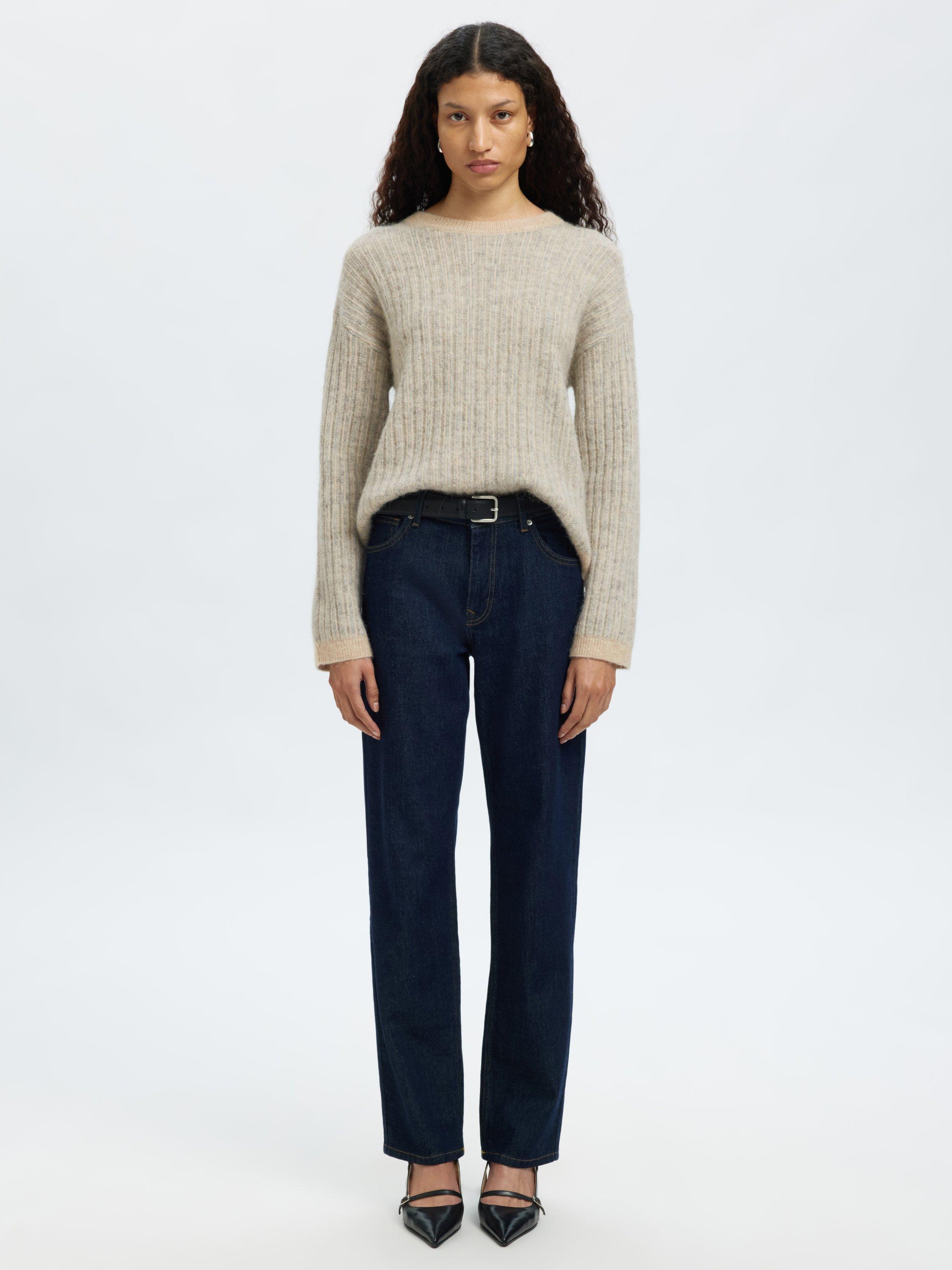 Product image 1 of 7, which shows Selected Alva Textured Stripe Wool Rich Jumper, Cream, XS