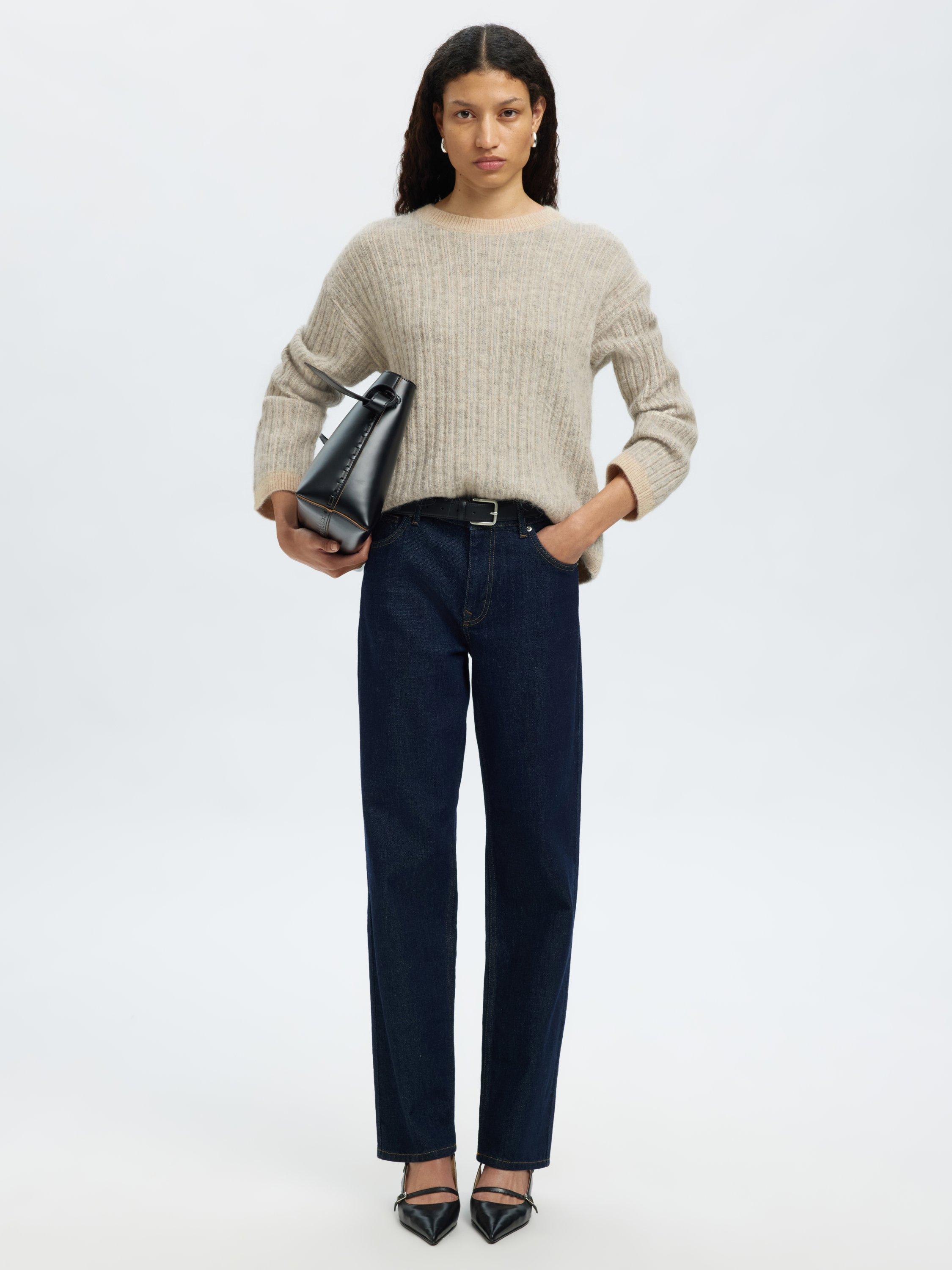 Product image 2 of 7, which shows Selected Alva Textured Stripe Wool Rich Jumper, Cream, XS