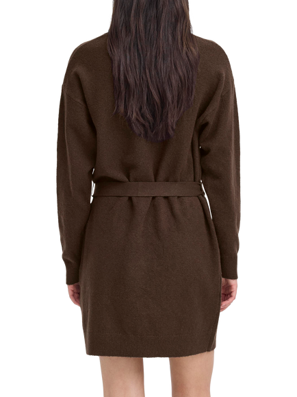 ICHI Dasila Long Sleeve Round Neck Mini Jumper Dress - view 2, Coffee Bean