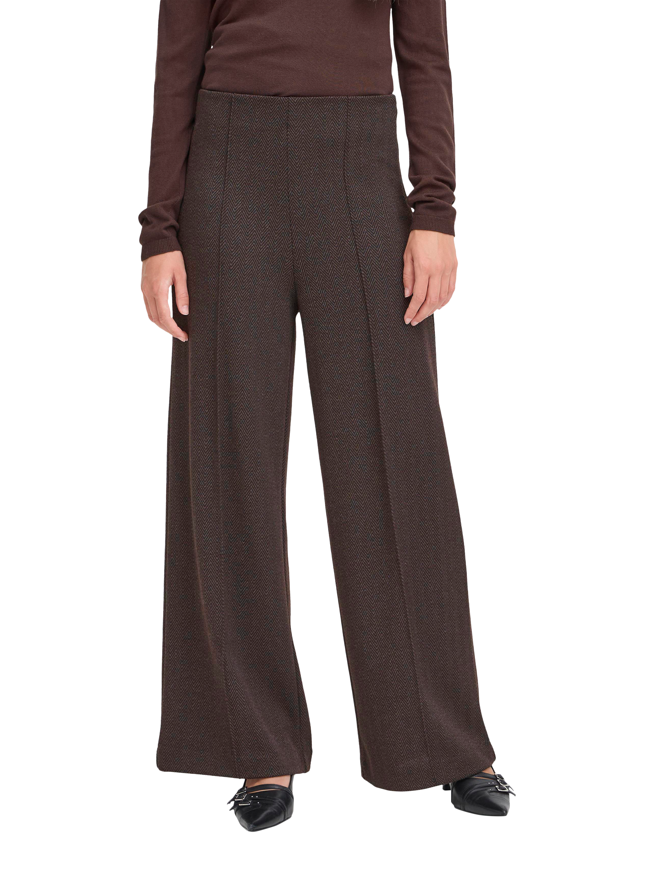 Product image 1 of 7, which shows ICHI Kate Mid Rise Tailored Jacquard Herringbone Trousers , Black/Brown, XS
