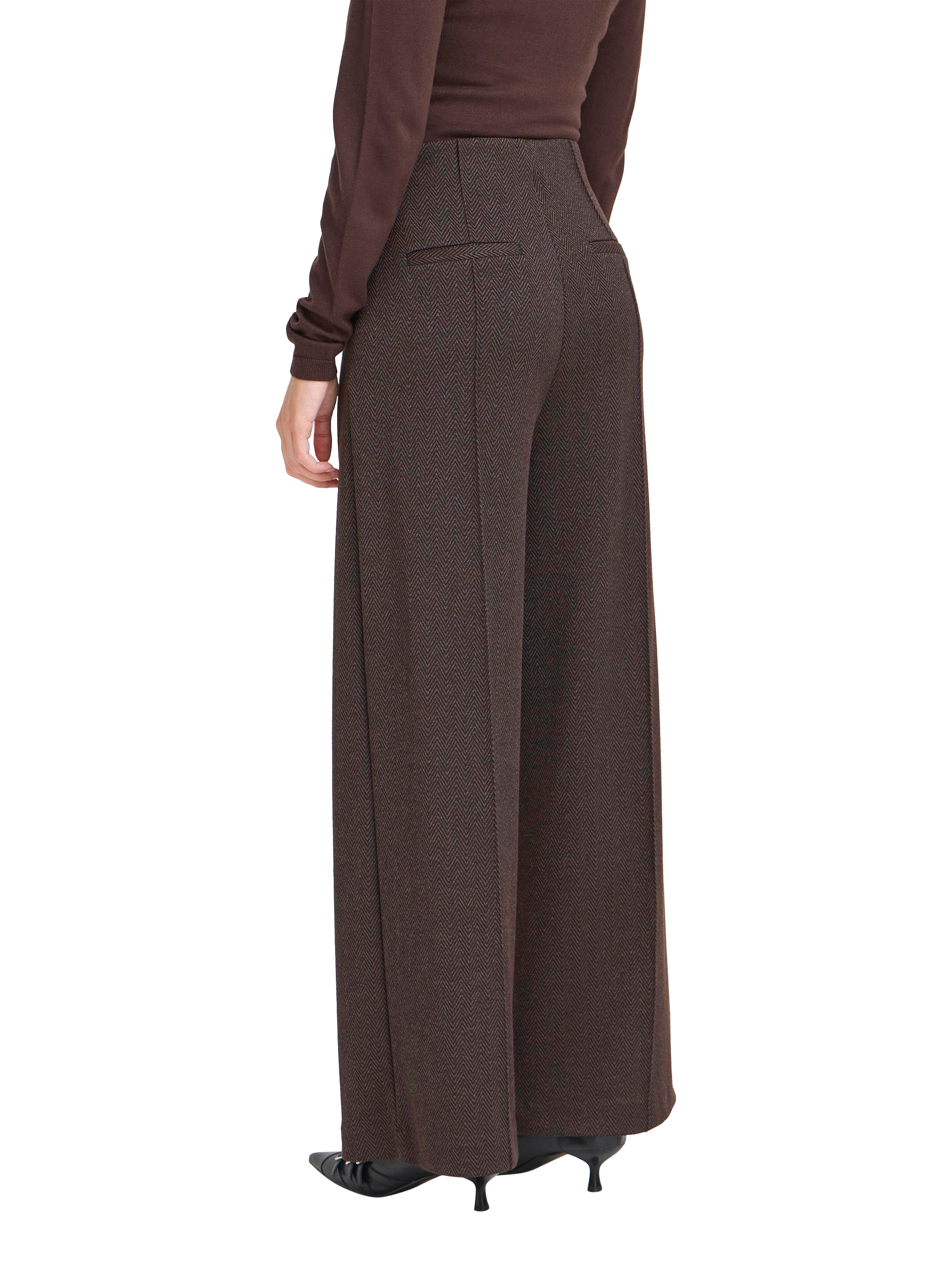 Product image 2 of 7, which shows ICHI Kate Mid Rise Tailored Jacquard Herringbone Trousers , Black/Brown, XS