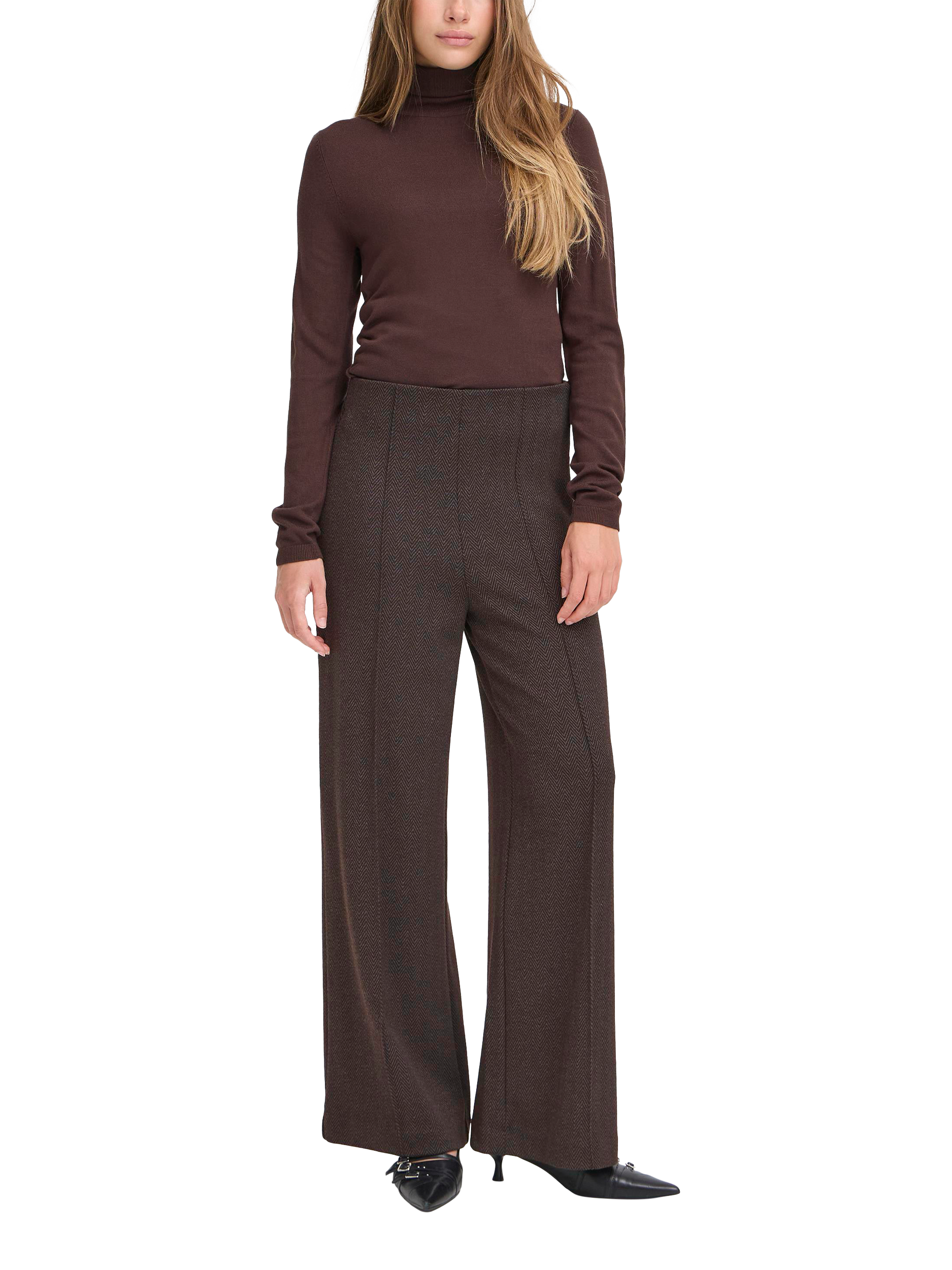 Product image 3 of 7, which shows ICHI Kate Mid Rise Tailored Jacquard Herringbone Trousers , Black/Brown, XS