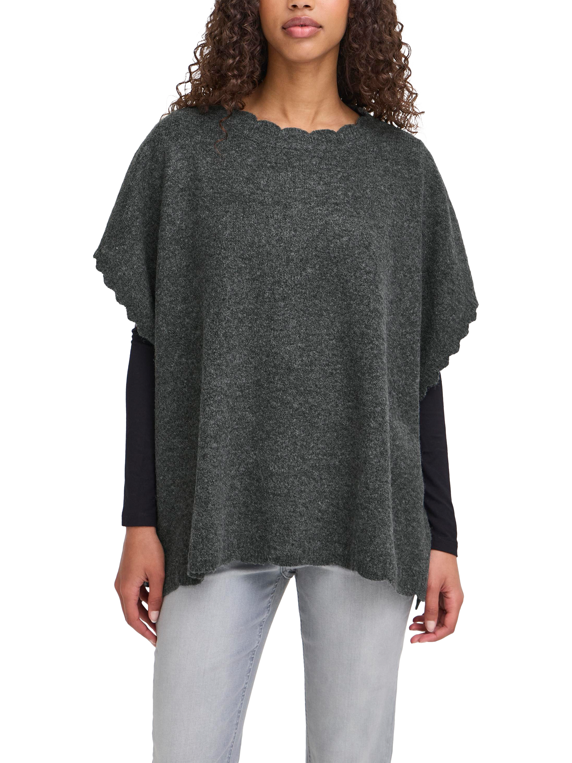 Product image 1 of 6, which shows ICHI Iamacha Wool Poncho Coatigan, Dark Grey Melange, One Size