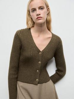 Mango Yuki V-Neck Ribbed Cardigan, Khaki