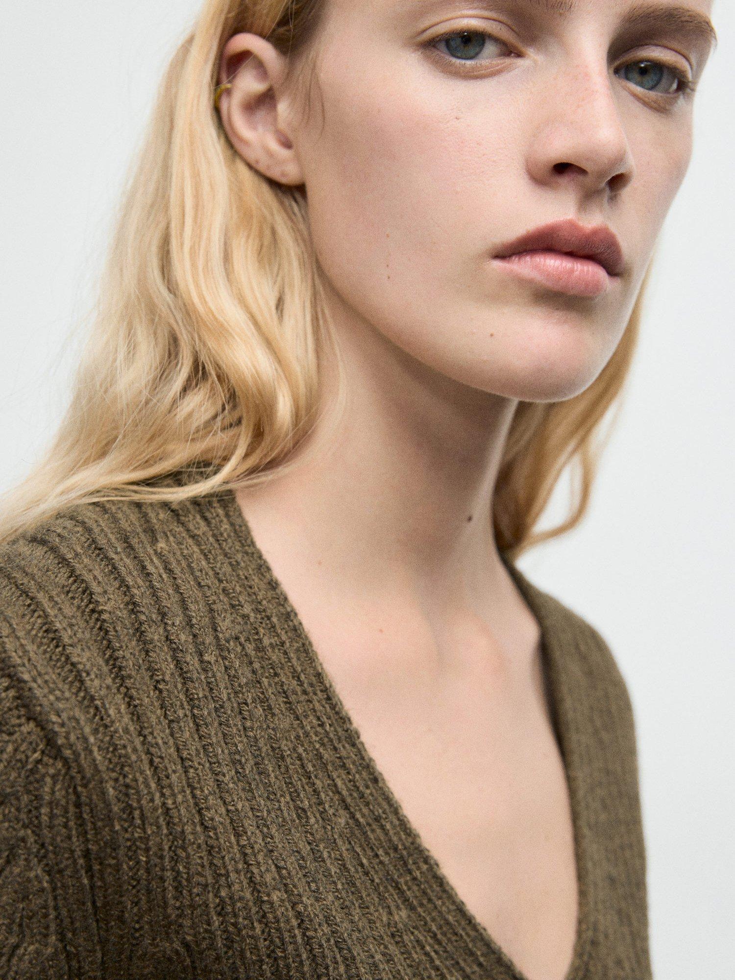 Product image 6 of 8, which shows Mango Yuki V-Neck Ribbed Cardigan , Khaki, XS