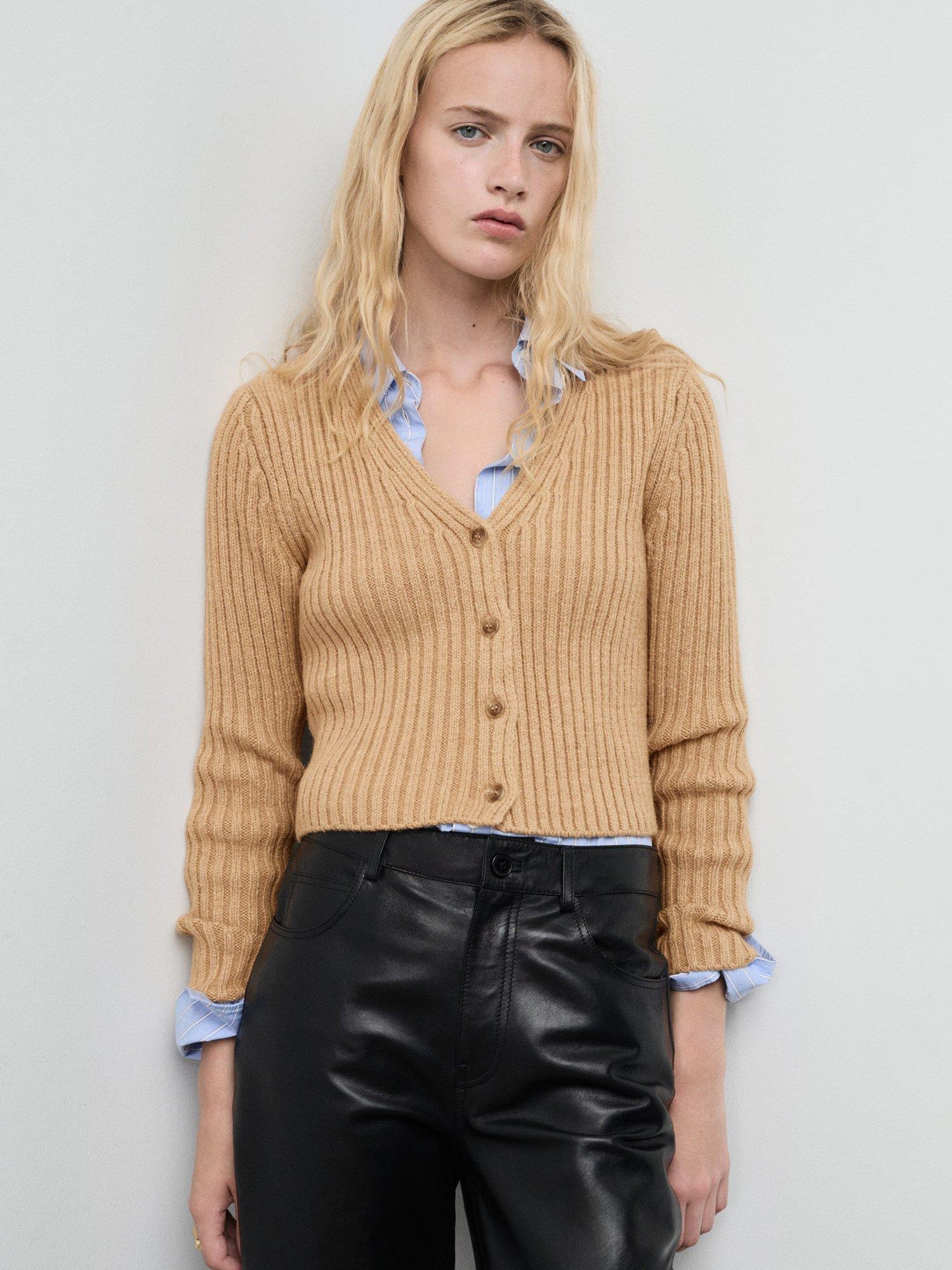 Product image 1 of 8, which shows Mango Yuki V-Neck Ribbed Cardigan , Medium Brown, XL