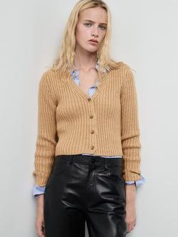 Mango Yuki V-Neck Ribbed Cardigan, Medium Brown