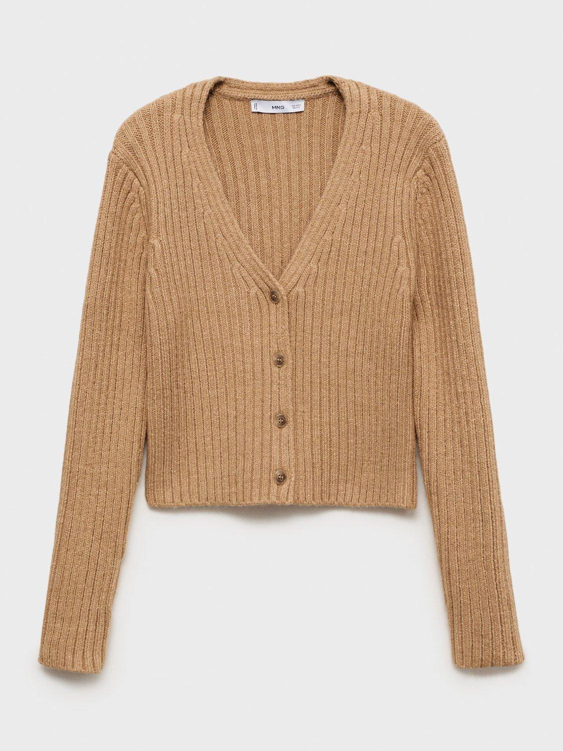 Product image 3 of 8, which shows Mango Yuki V-Neck Ribbed Cardigan , Medium Brown, XL