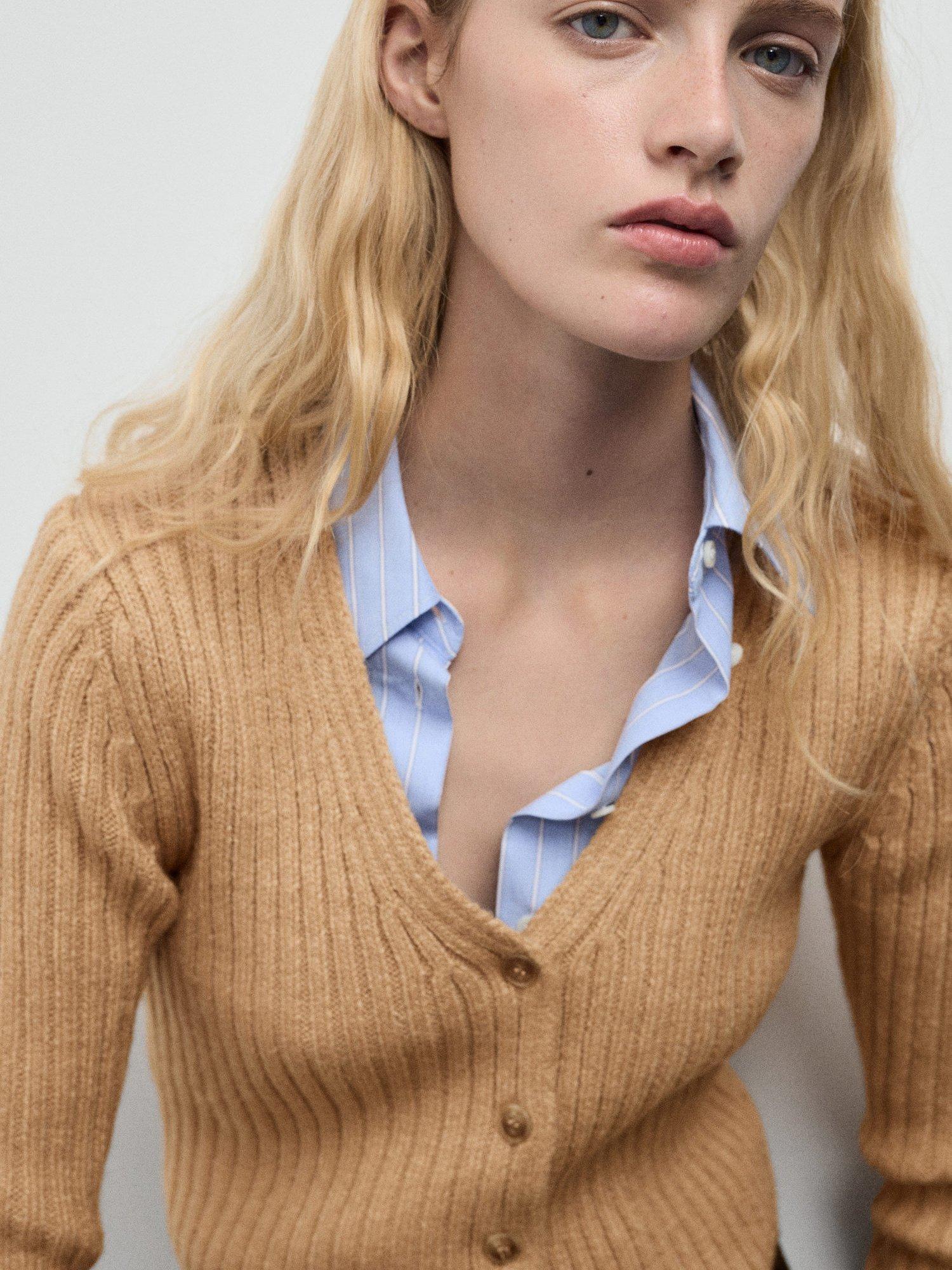 Product image 6 of 8, which shows Mango Yuki V-Neck Ribbed Cardigan , Medium Brown, XL