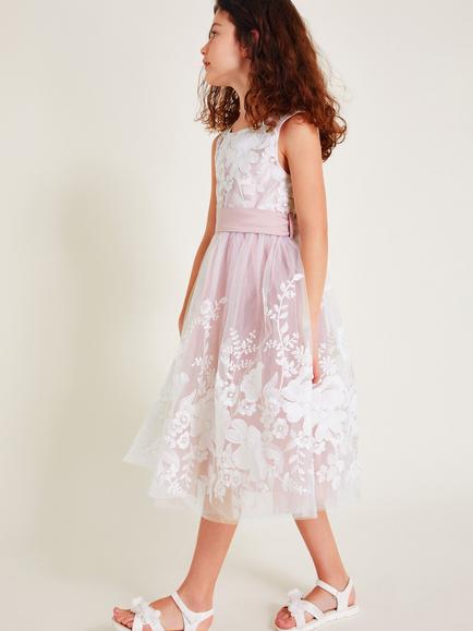 Monsoon Kids' Alicia Embroidered Lace Midi Dress, Pink, Pink