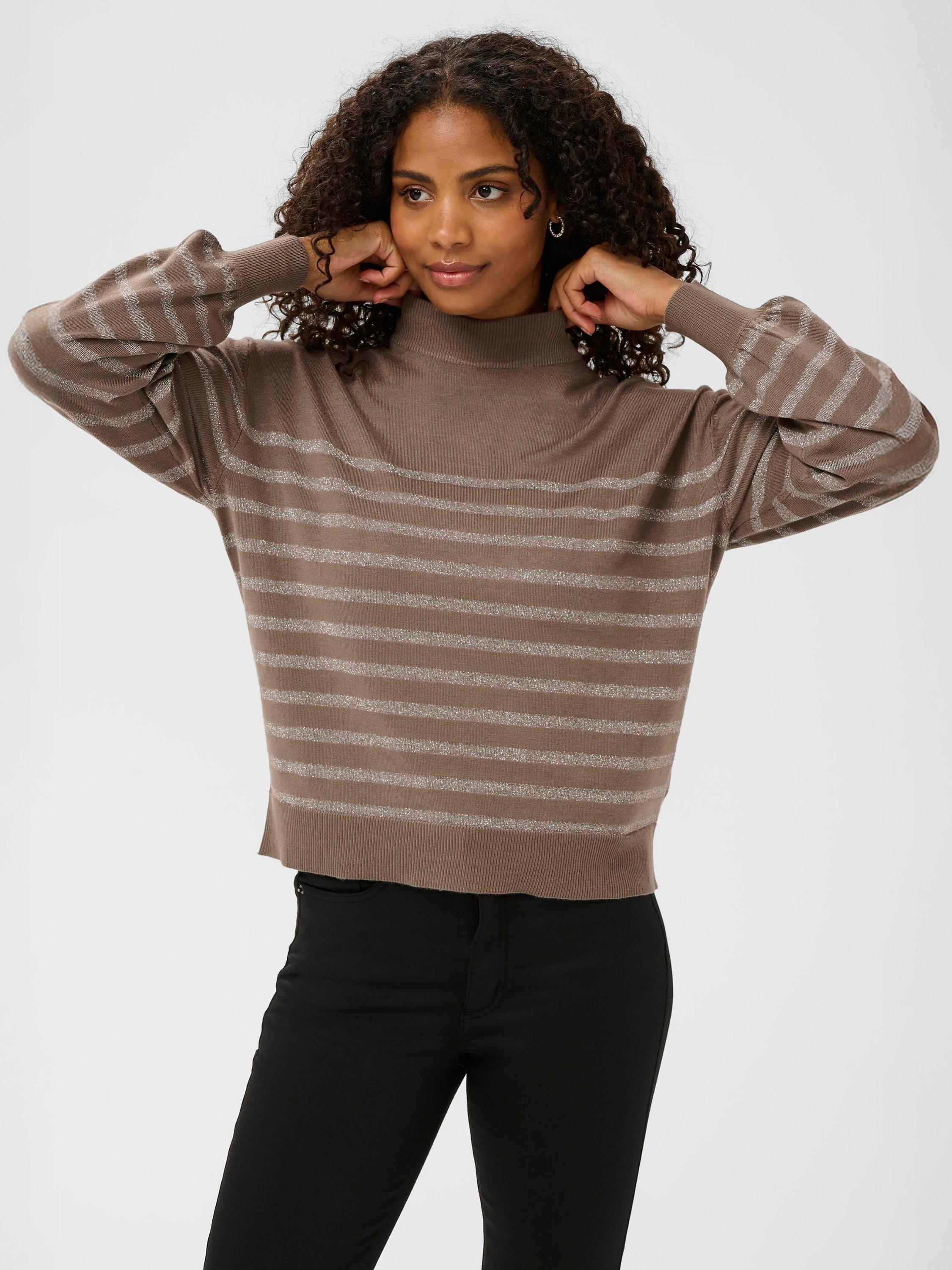 Product image 1 of 6, which shows KAFFE Lizz Stripe Turtleneck Jumper, Morel Melange/Silver, XS