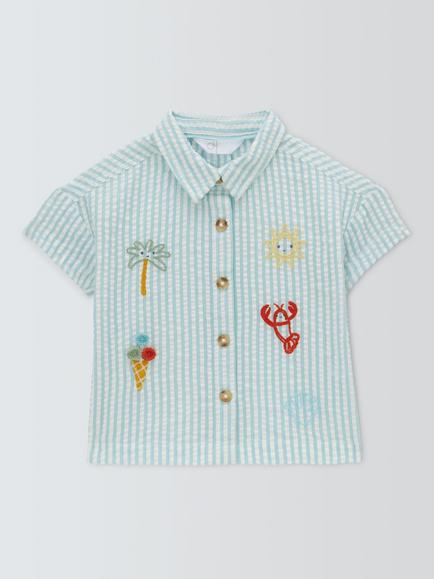 John Lewis Baby Lobster Seersucker Stripe Short Sleeve Shirt, Blue, Blue
