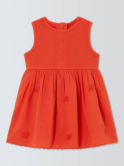 John Lewis Baby Broderie Rib Mix Dress, Red, Red