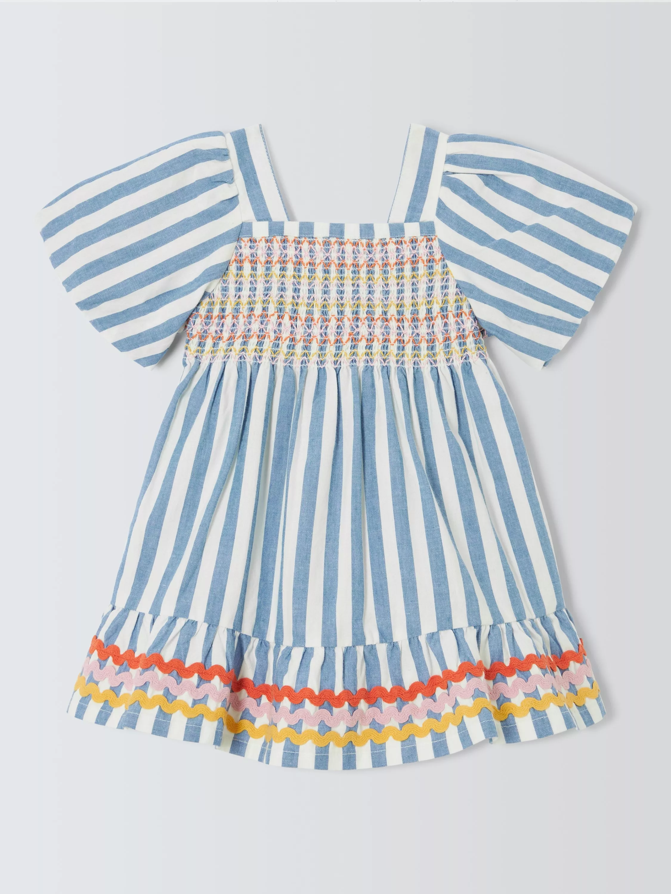Blue and white striped girls summer dress with smocked bodice, puff sleeves and colourful ric-rac trim hem