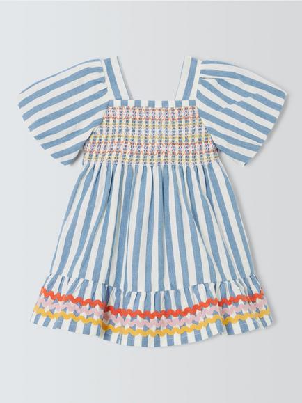 John Lewis Baby Woven Stripe Smocked Dress, Blue, Blue