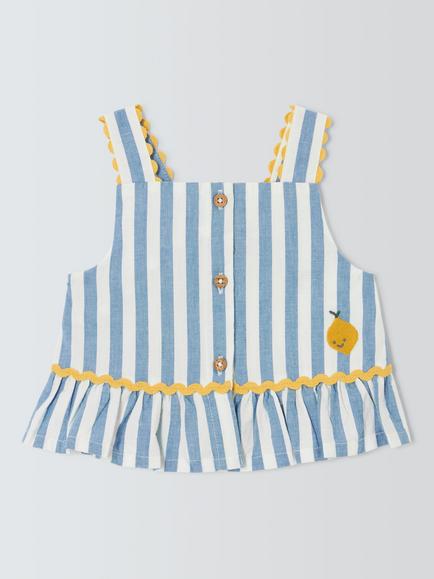 John Lewis Baby Cotton Poplin Stripe Top, Blue, Blue