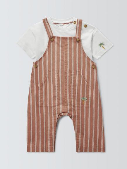 John Lewis Baby Stripe Dungarees & T-Shirt Shirt, Brown, Brown