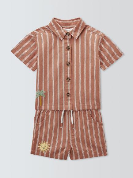 John Lewis Baby Stripe Short Sleeve Shirt & Shorts Set, Brown, Brown