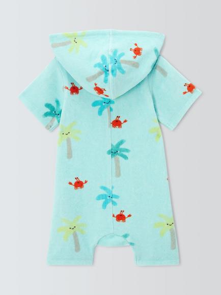 John Lewis Baby Palm Towelling Romper, Blue Aqua - view 2, Blue Aqua
