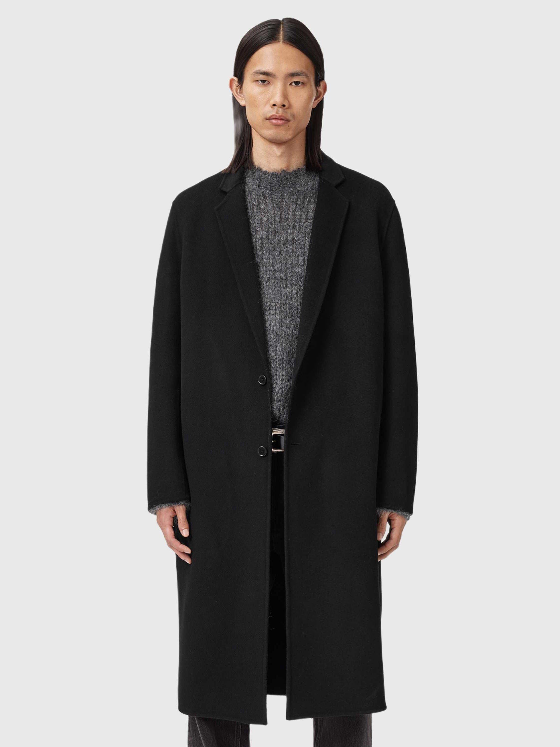 Product image 1 of 7, which shows AllSaints Brax Wool Blend Overcoat, Black, 36R