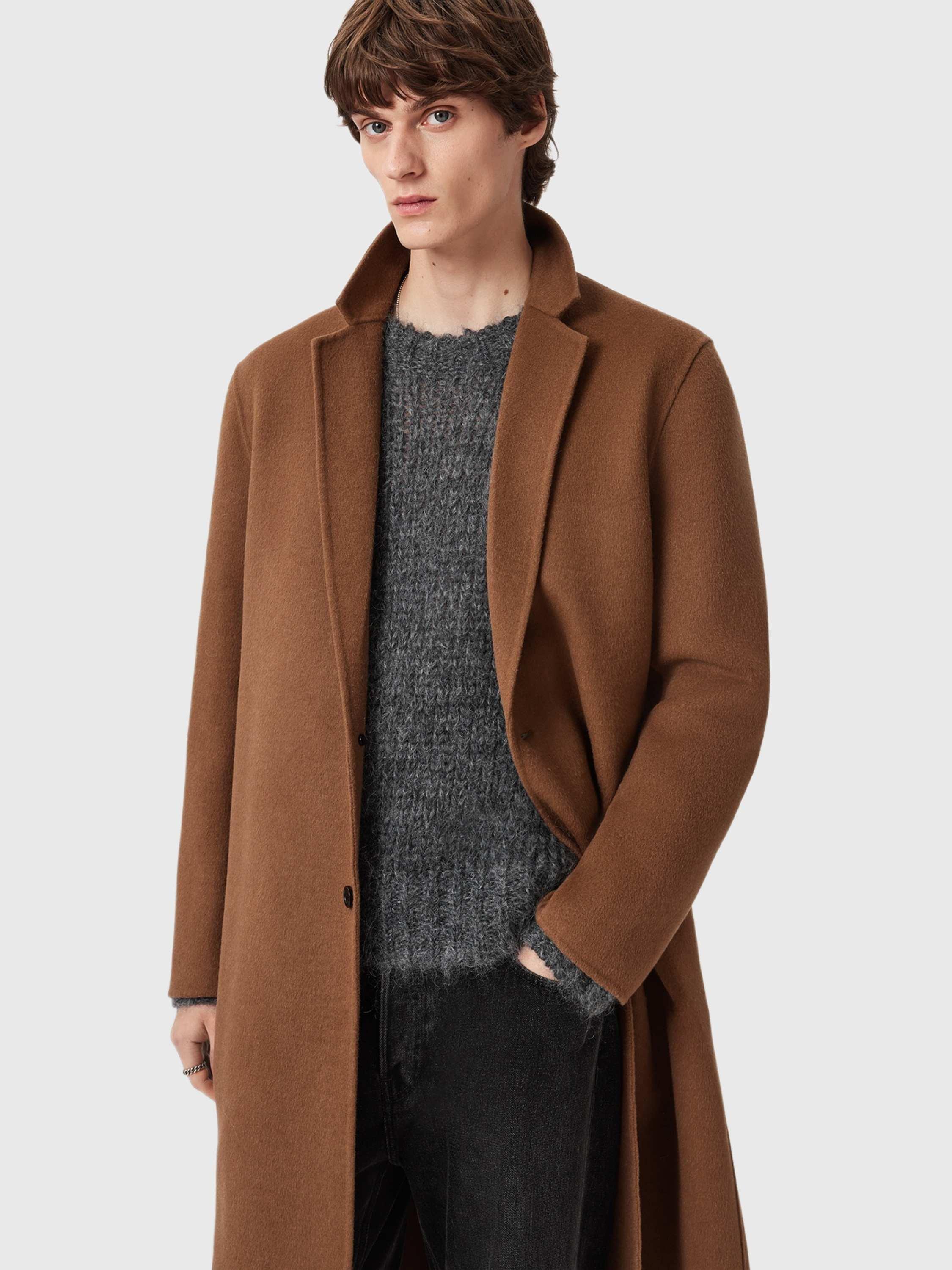 Product image 5 of 6, which shows AllSaints Brax Wool Blend Overcoat, Brown, 36R
