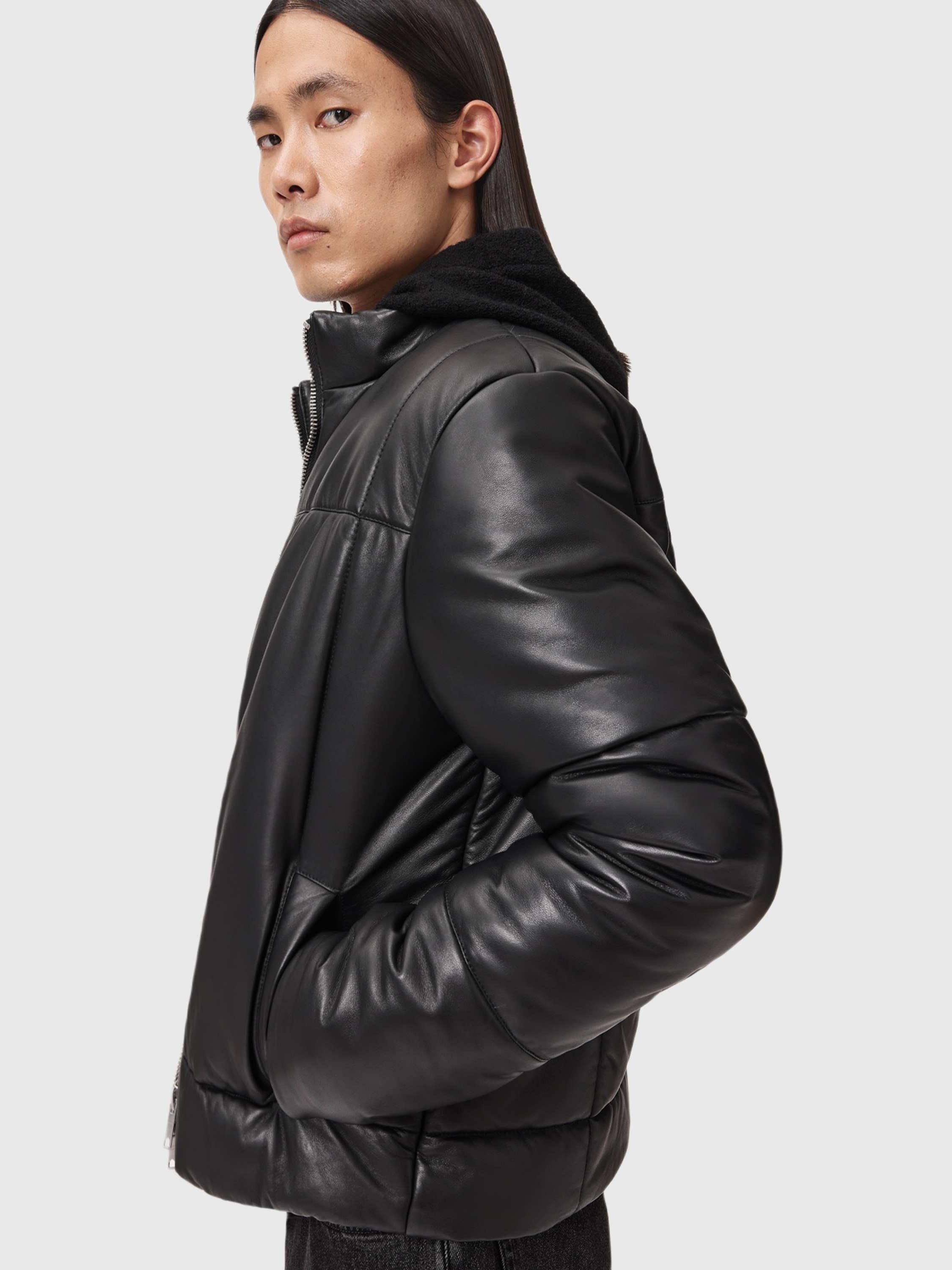 Product image 5 of 7, which shows AllSaints Furse Leather Puffer Jacket, Black, L