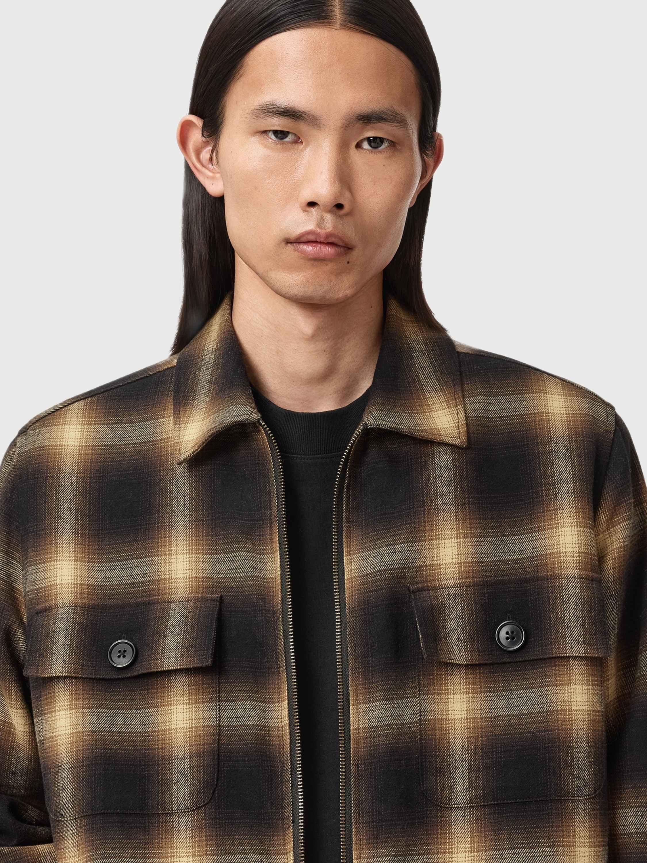 Product image 5 of 9, which shows AllSaints Mathers Cotton Blend Relaxed Checked Shacket, Trail Brown, L