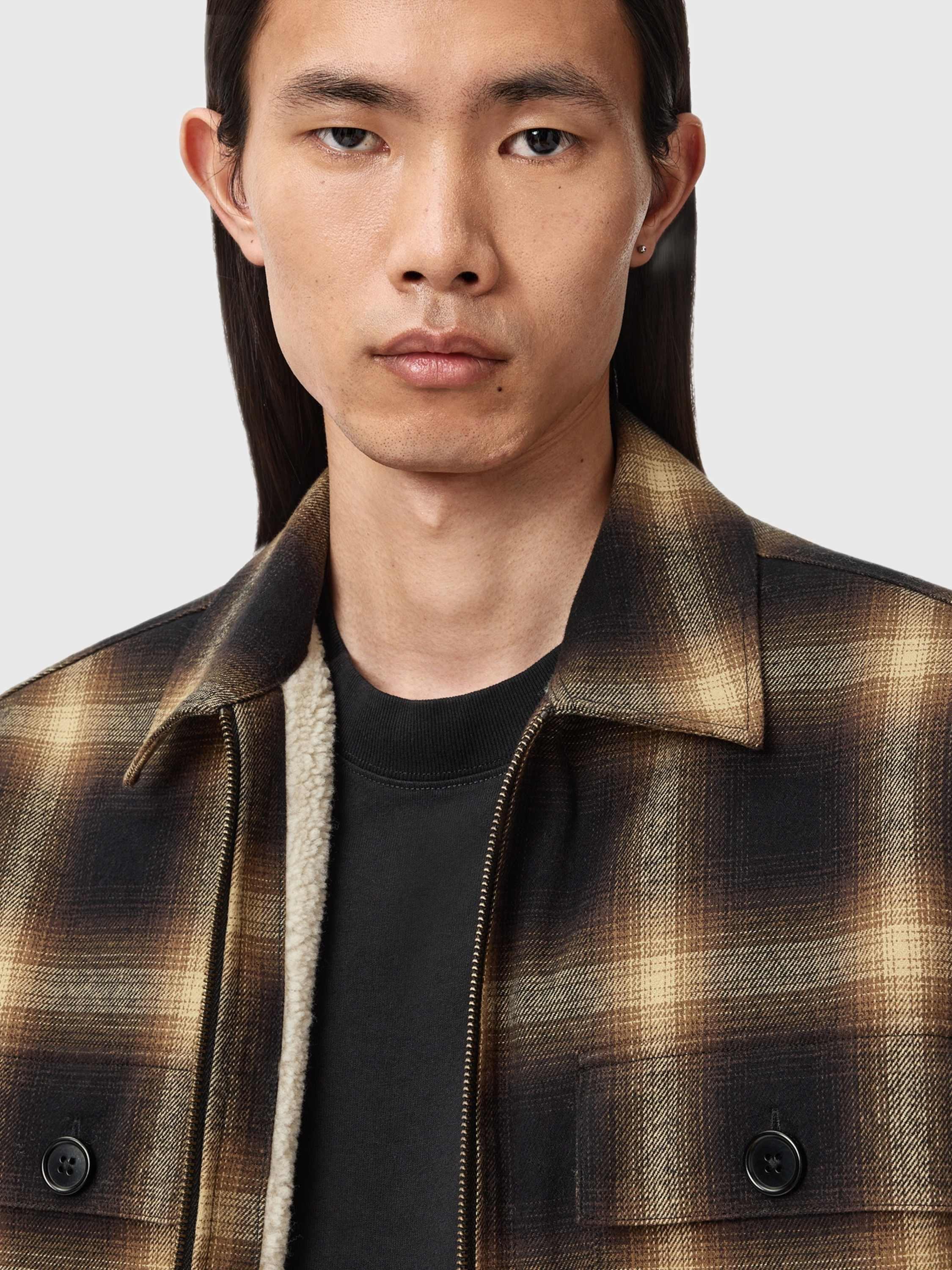 Product image 6 of 9, which shows AllSaints Mathers Cotton Blend Relaxed Checked Shacket, Trail Brown, L