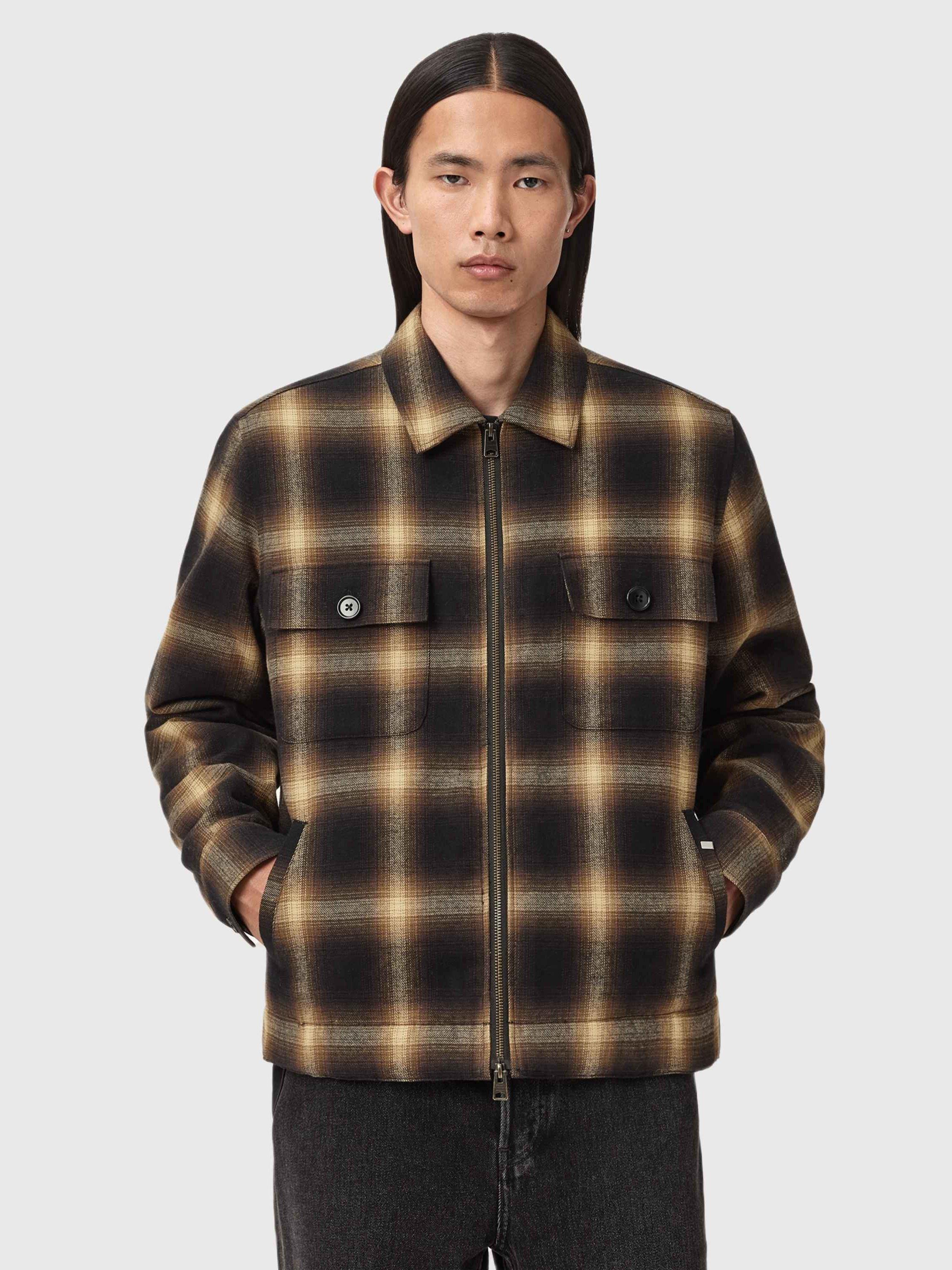 Product image 8 of 9, which shows AllSaints Mathers Cotton Blend Relaxed Checked Shacket, Trail Brown, L