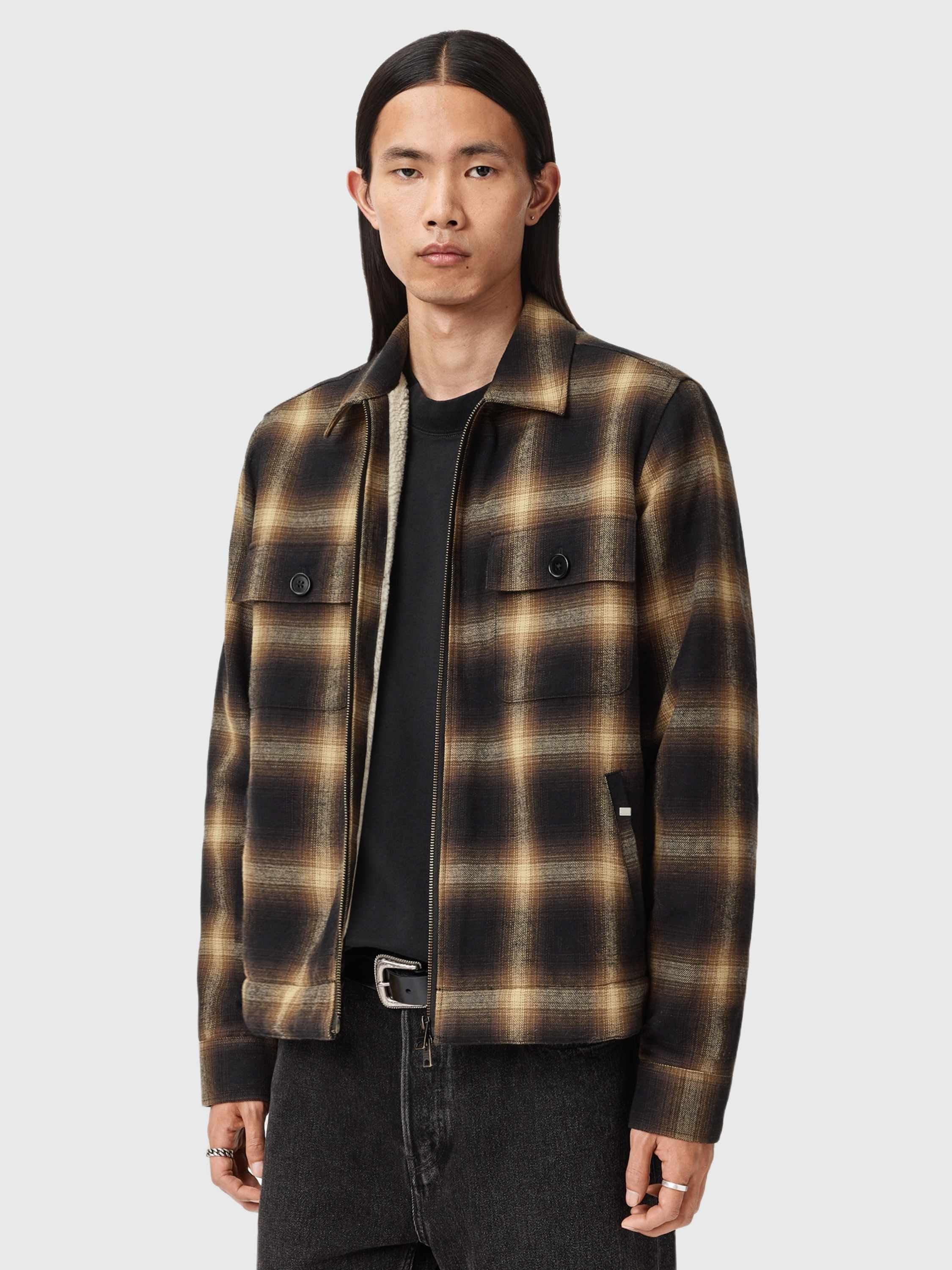 Product image 9 of 9, which shows AllSaints Mathers Cotton Blend Relaxed Checked Shacket, Trail Brown, L