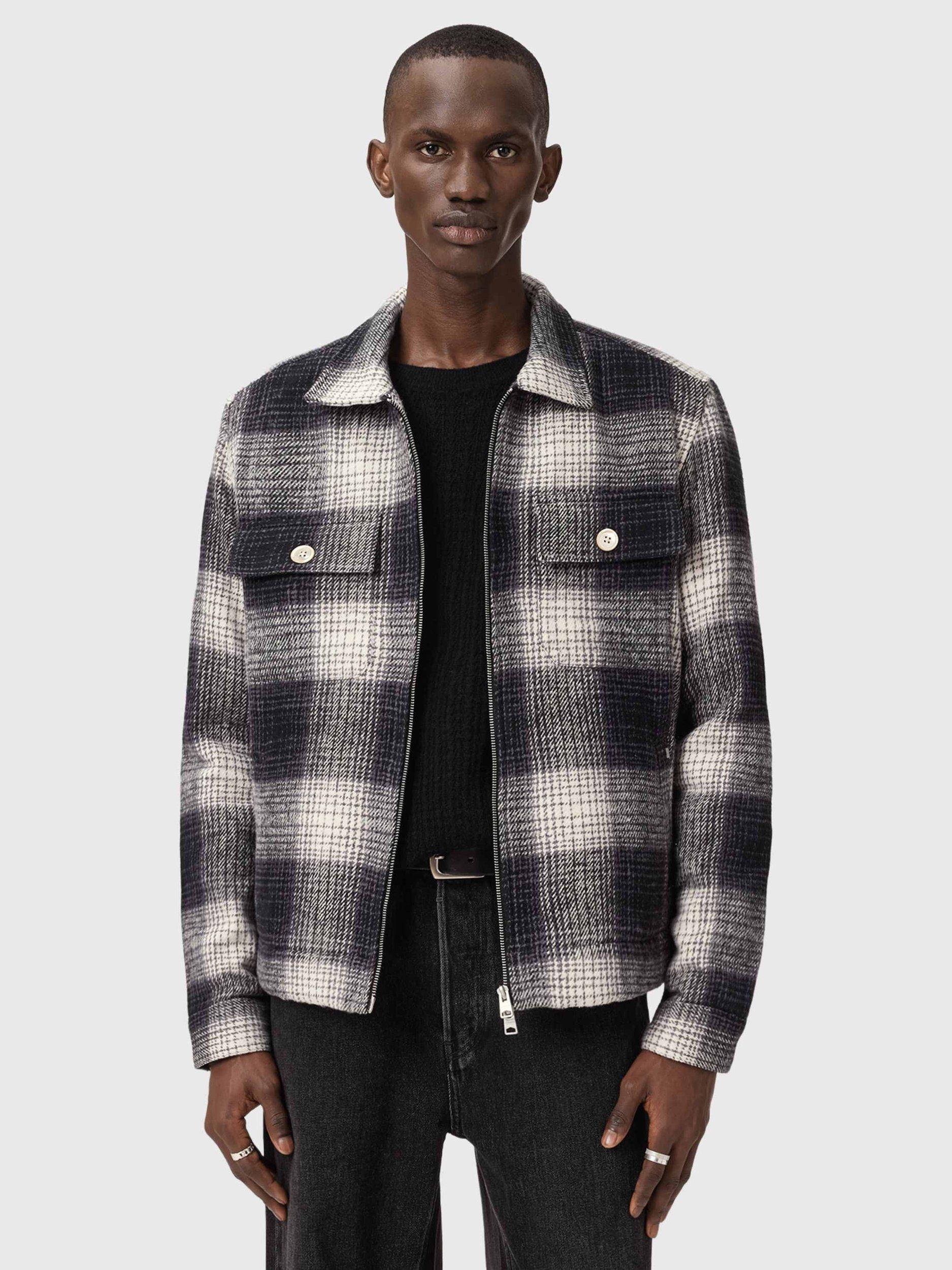 Product image 1 of 7, which shows AllSaints Matheson Organic Cotton Shacket, Black/Off White, XS