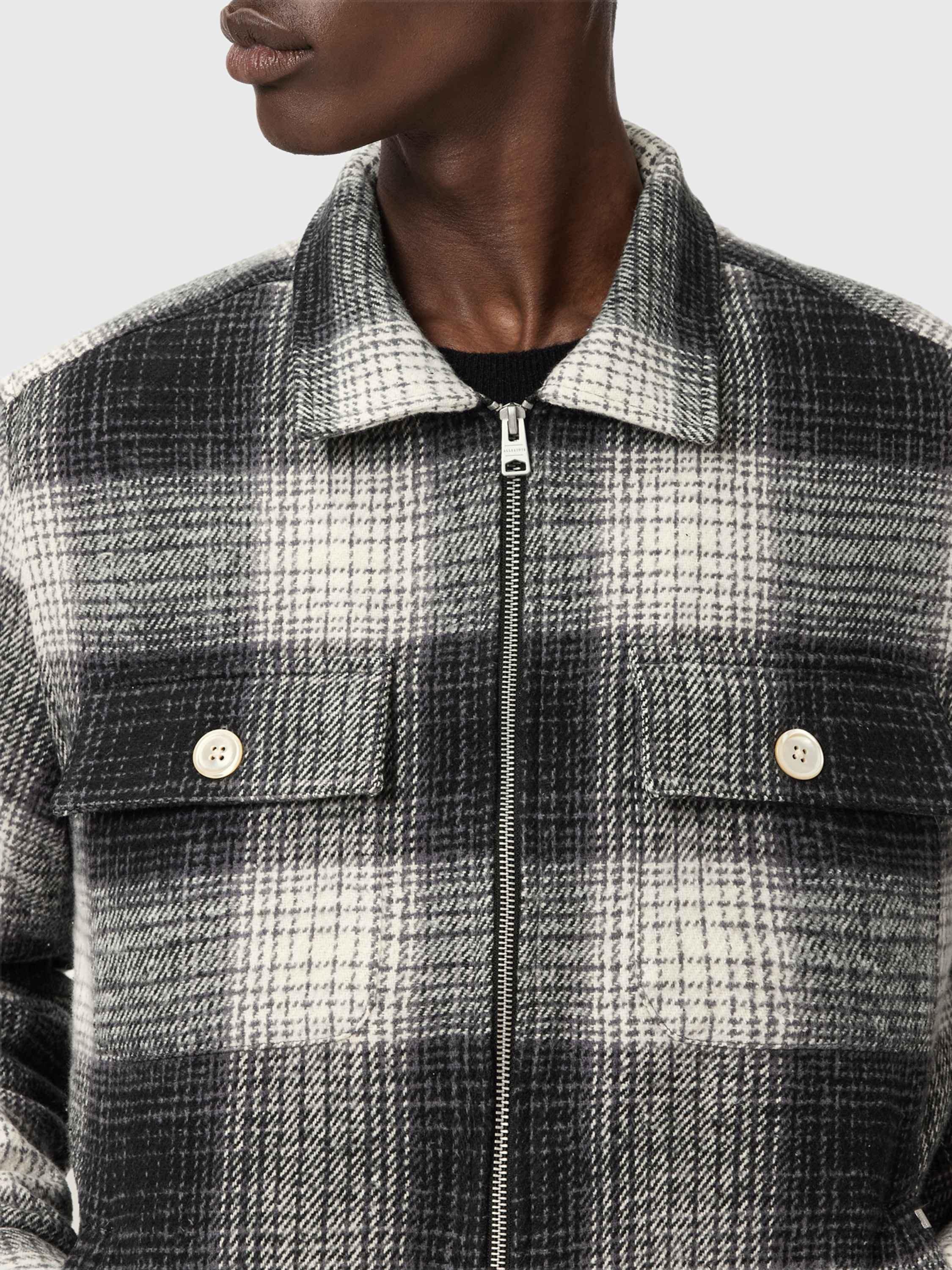 Product image 7 of 7, which shows AllSaints Matheson Organic Cotton Shacket, Black/Off White, XS